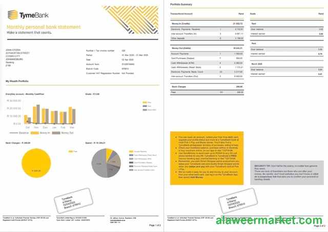South Africa Tyme Bank account statement Word and PDF template, 2 pages